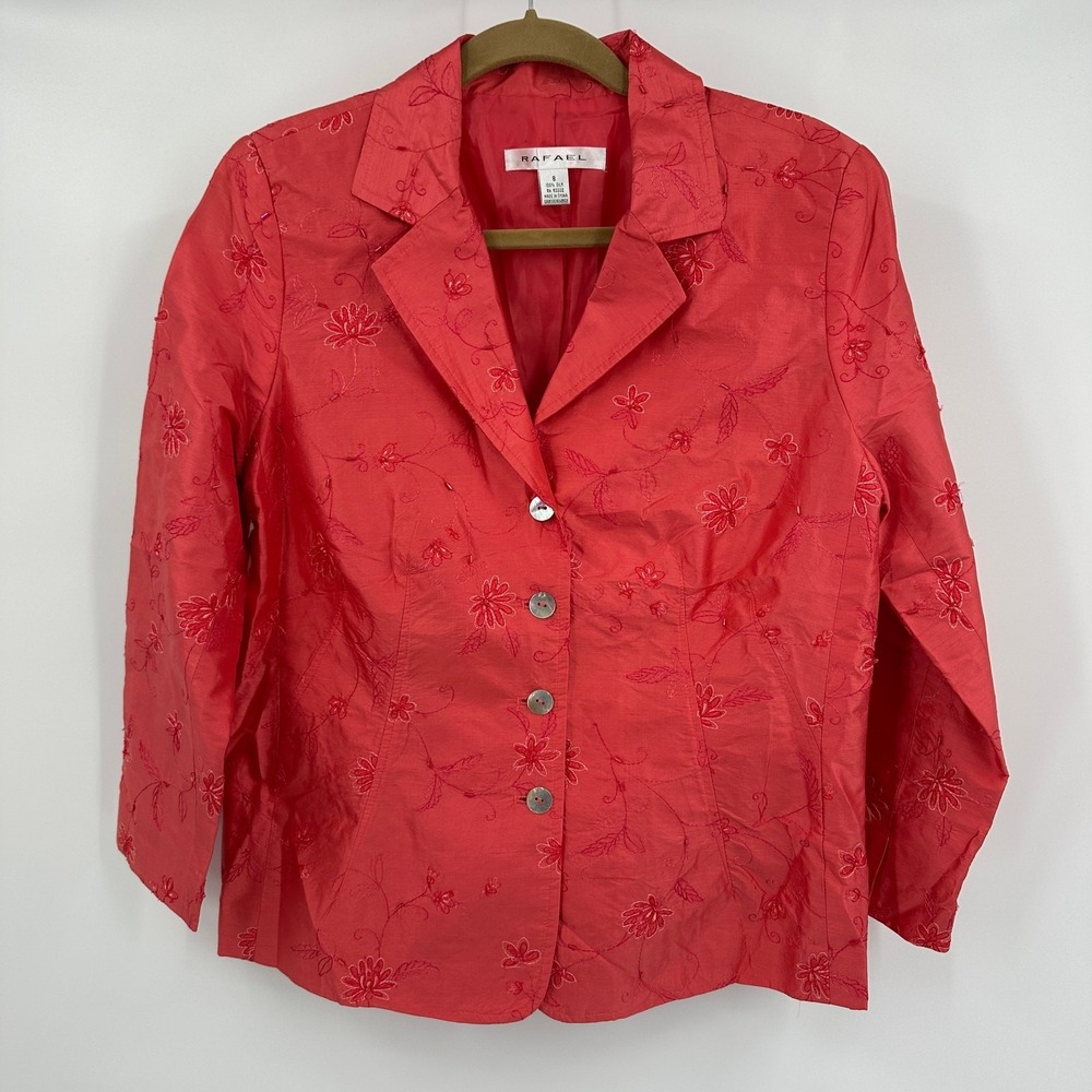 Women Old Money Silk Blazer Jacket Size 8 Embroidered Monochromatic Quiet Luxury